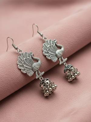  women peacock design german silver oxidised jhumka earrings 2