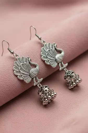  women peacock design german silver oxidised jhumka earrings