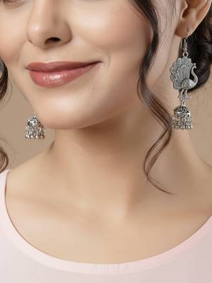  women peacock design german silver oxidised jhumka earrings 3
