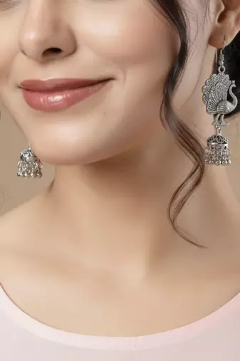  women peacock design german silver oxidised jhumka earrings