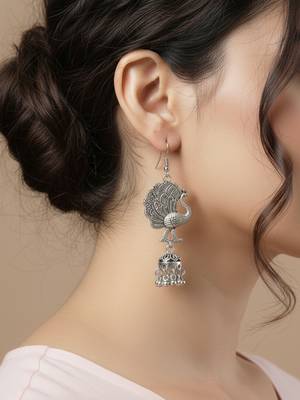  women peacock design german silver oxidised jhumka earrings 4