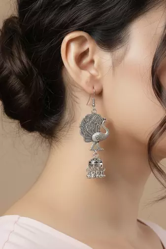  women peacock design german silver oxidised jhumka earrings