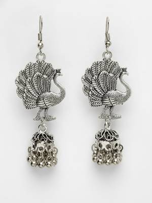  women peacock design german silver oxidised jhumka earrings 5