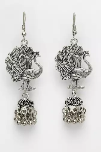  women peacock design german silver oxidised jhumka earrings