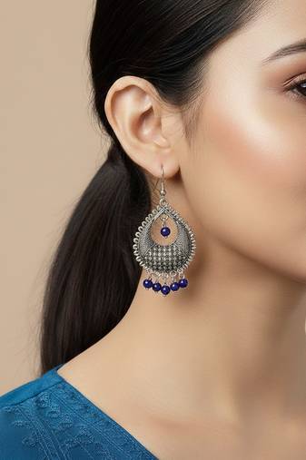  women german silver oxidised chandbali earrings