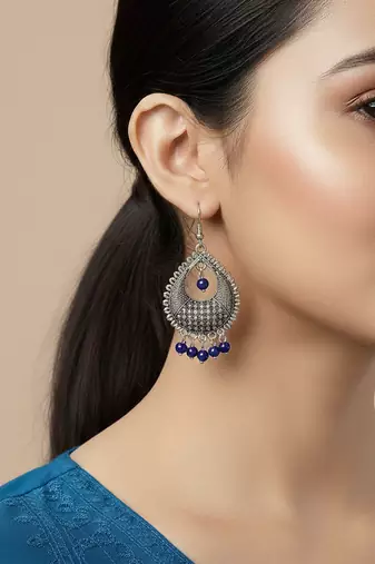  women german silver oxidised chandbali earrings