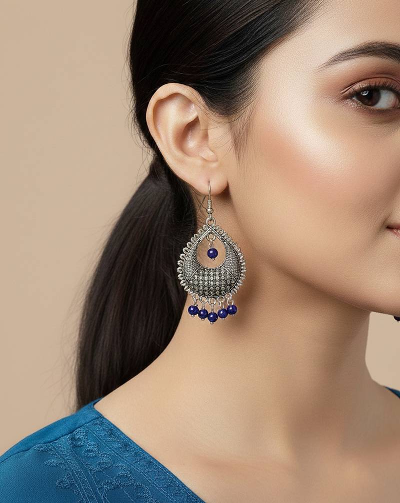  women german silver oxidised chandbali earrings