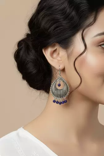  women german silver oxidised chandbali earrings