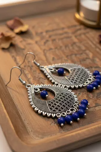  women german silver oxidised chandbali earrings