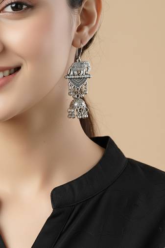  women elephant design german silver oxidised jhumka earrings