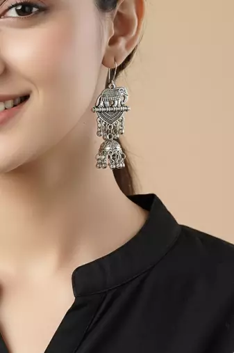  women elephant design german silver oxidised jhumka earrings