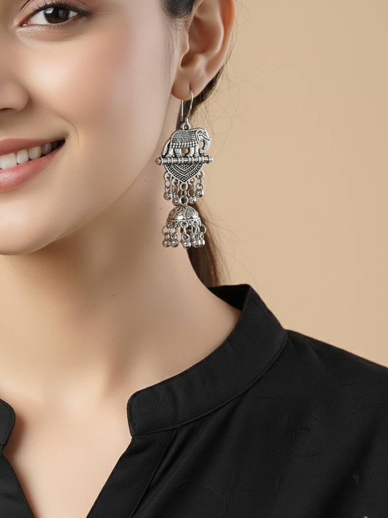  women elephant design german silver oxidised jhumka earrings