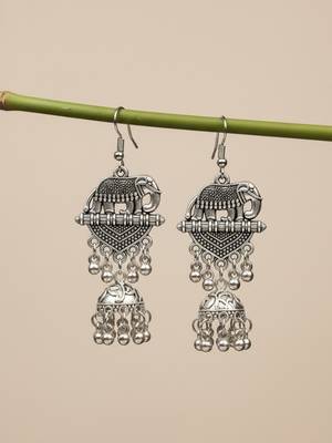  women elephant design german silver oxidised jhumka earrings 2