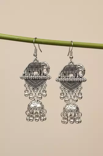  women elephant design german silver oxidised jhumka earrings