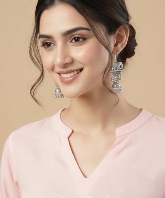  women elephant design german silver oxidised jhumka earrings 3