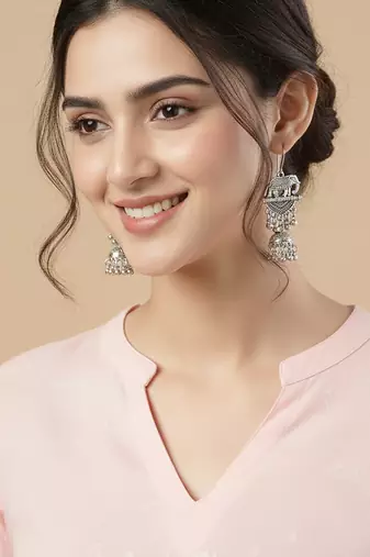  women elephant design german silver oxidised jhumka earrings