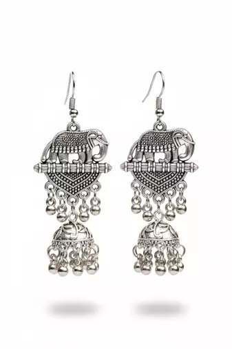  women elephant design german silver oxidised jhumka earrings
