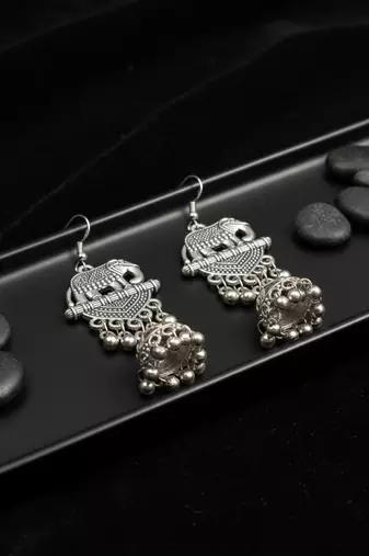  women elephant design german silver oxidised jhumka earrings