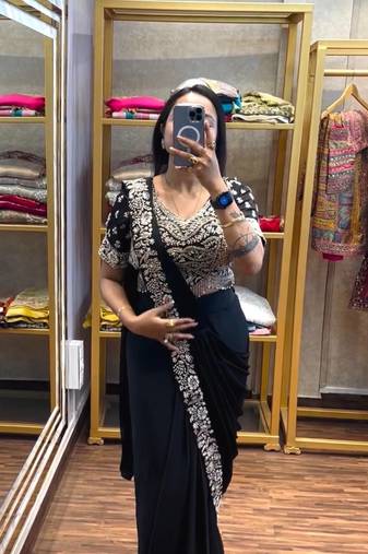 Black Color Semi-beads Embroidered Work Chinon Ready To Wear Saree