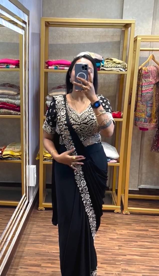 Black Color Semi-beads Embroidered Work Chinon Ready To Wear Saree
