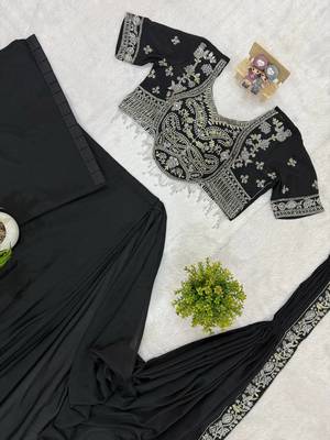black semi-beads embroidered work chinon ready made saree 5