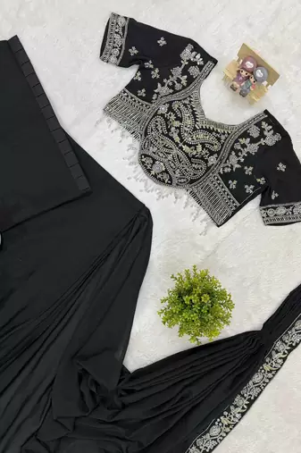 black semi-beads embroidered work chinon ready made saree