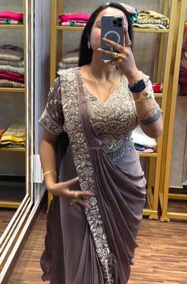 grey semi-beads embroidered work chinon pre-stitched saree 1