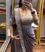 Grey Color Semi-beads Embroidered Work Chinon Ready To Wear Saree