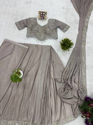 grey semi-beads embroidered work chinon pre-stitched saree 5