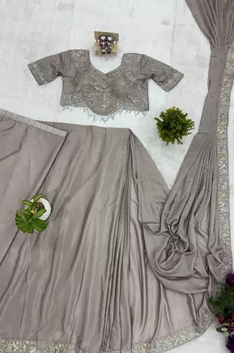 grey semi-beads embroidered work chinon pre-stitched saree