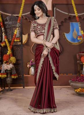 Designer maroon heavy embroidered silk blend party wear saree with blouse 2