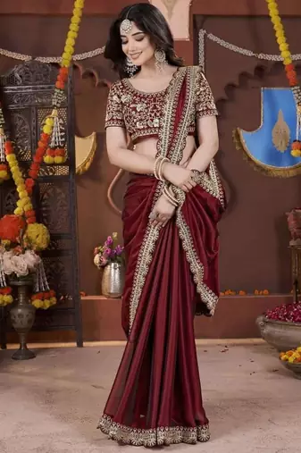 Designer maroon heavy embroidered silk blend party wear saree with blouse
