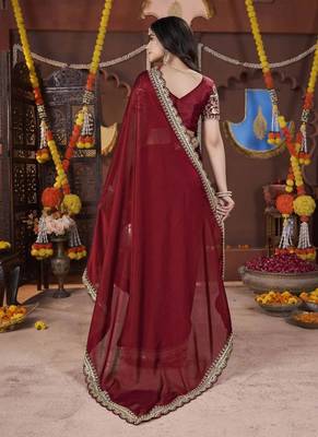 Designer maroon heavy embroidered silk blend party wear saree with blouse 3