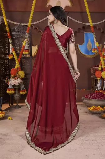 Designer maroon heavy embroidered silk blend party wear saree with blouse
