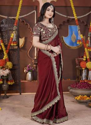 Designer maroon heavy embroidered silk blend party wear saree with blouse 4