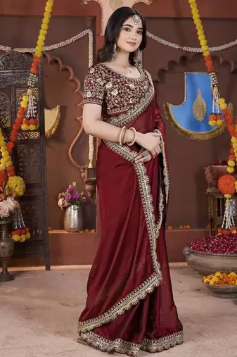 Designer maroon heavy embroidered silk blend party wear saree with blouse