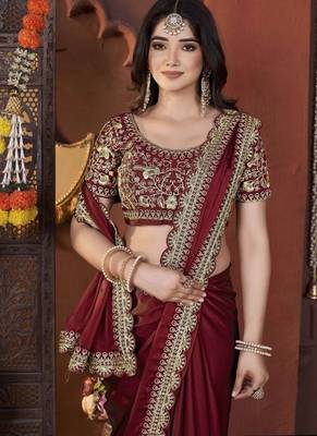 Designer maroon heavy embroidered silk blend party wear saree with blouse 5
