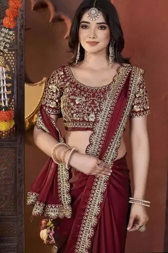 Designer maroon heavy embroidered silk blend party wear saree with blouse
