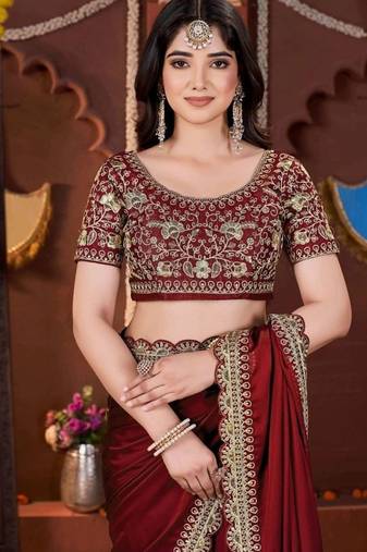 Designer maroon heavy embroidered silk blend party wear saree with blouse