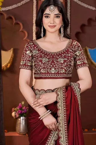 Designer maroon heavy embroidered silk blend party wear saree with blouse
