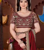 Designer maroon heavy embroidered silk blend party wear saree with blouse