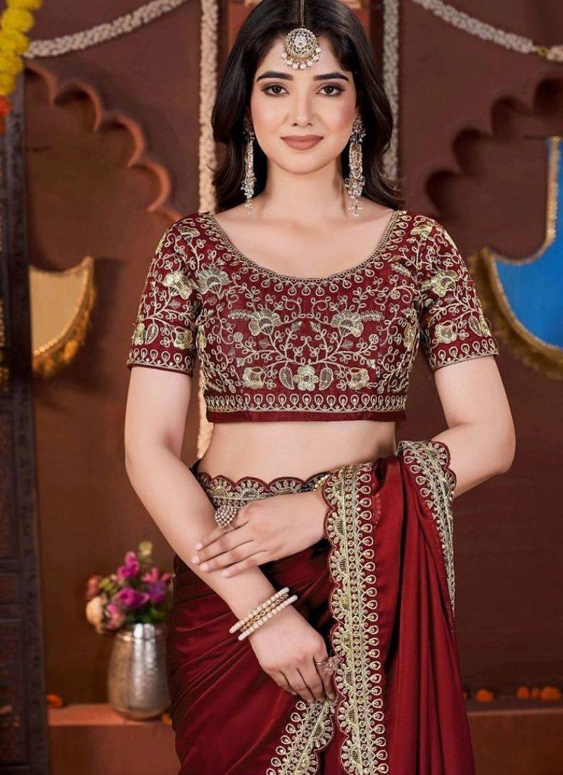 Designer maroon heavy embroidered silk blend party wear saree with blouse