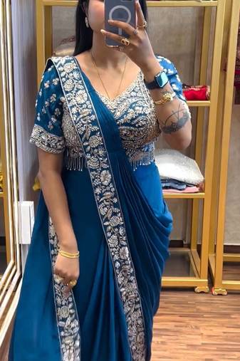 Teal Color Semi-beads Embroidered Work Chinon Ready To Wear Saree