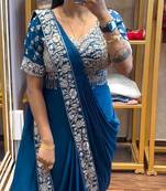 Teal Color Semi-beads Embroidered Work Chinon Ready To Wear Saree