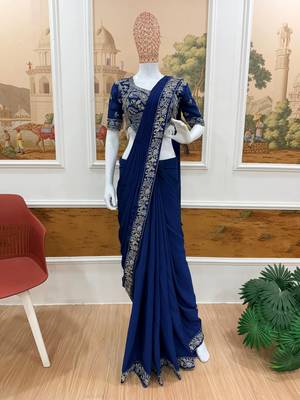 teal semi-beads embroidered work chinon ready to wear saree 4