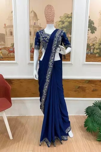 teal semi-beads embroidered work chinon ready to wear saree