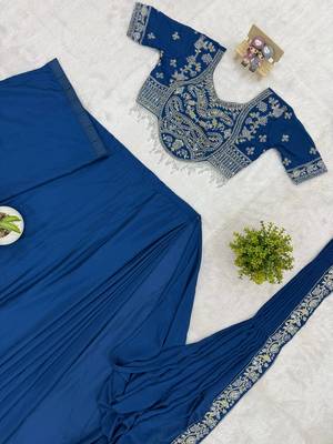 teal semi-beads embroidered work chinon ready to wear saree 5