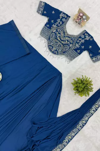 teal semi-beads embroidered work chinon ready to wear saree