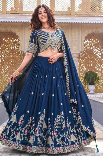 Neavy Blue Color  Embroidery Sequence with Thared Work Silk Lahenga Choli Set