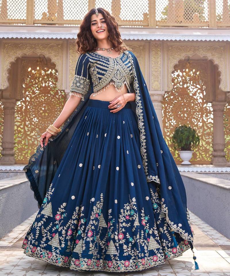 Neavy Blue Color  Embroidery Sequence with Thared Work Silk Lahenga Choli Set